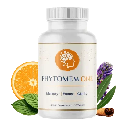 Phytomem One brain support supplement bottle with orange, lavender and cinnamon — 30 tablets for memory, focus and clarity